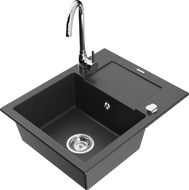 Mexen Enzo chiuvetă de granit, cu o cuvă și scurgător, cu baterie de bucătărie Telma, negru cu stropi - 6506-76-670200-00