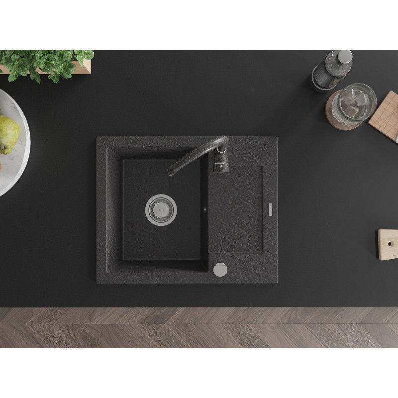 Mexen Enzo egykamrás gránit mosogató csepegtetővel és Telma konyhai csapteleppel, fekete pettyes - 6506-76-670200-76
