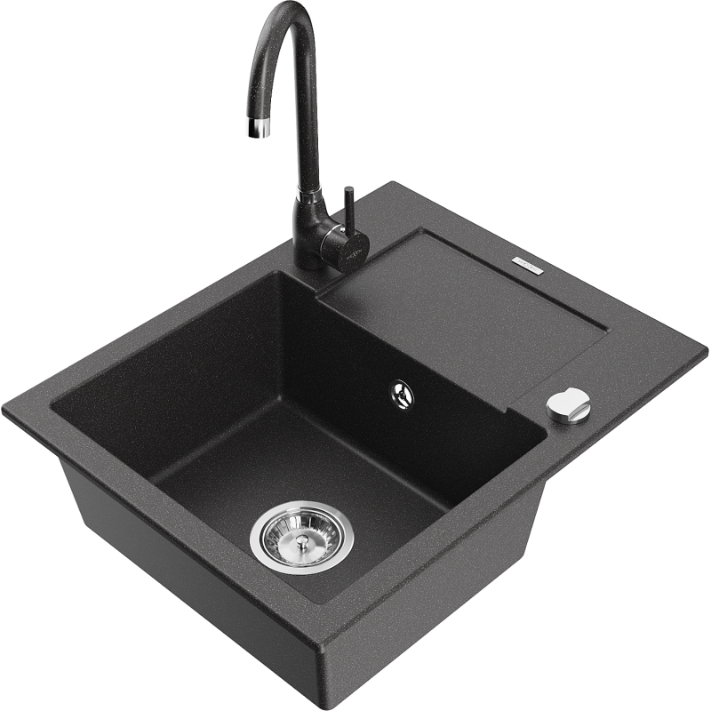 Chiuvetă granit Mexen Enzo 1-cam cu scurgător și baterie Telma, negru cu pete - 6506-76-670200-76