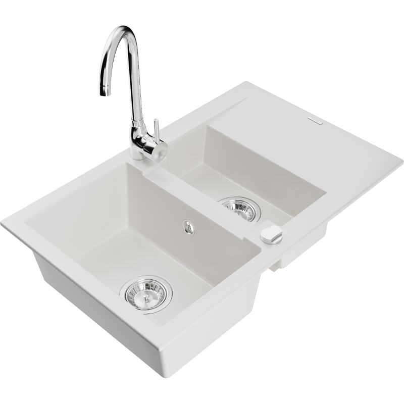 Chiuvetă granit Mexen Gaspar, 1,5 camere cu scurgător și baterie de bucătărie Telma, alb - 6507-20-670200-00