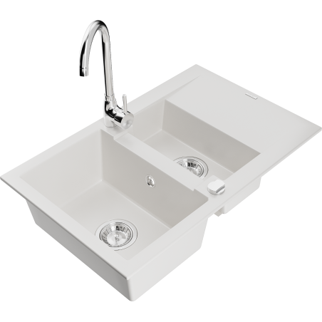 Chiuvetă granit Mexen Gaspar, 1,5 camere cu scurgător și baterie de bucătărie Telma, alb - 6507-20-670200-00