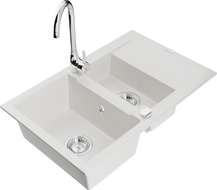 Chiuvetă granit Mexen Gaspar, 1,5 camere cu scurgător și baterie de bucătărie Telma, alb - 6507-20-670200-00