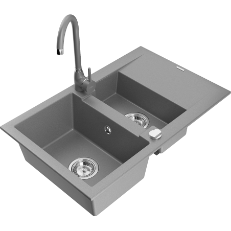 Chiuvetă granit Mexen Gaspar, 1,5 compartimente, cu scurgător și baterie de bucătărie Telma, gri - 6507-71-670200-71
