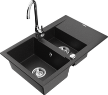 Mexen Gaspar chiuvetă de bucătărie din granit cu 1,5 compartimente cu scurgător și baterie Telma, negru/argintiu