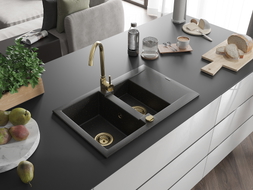 Mexen Gaspar gránit mosogató 1,5 rekeszes csepegtetővel és konyhai csappal Telma, fekete/arany - 6507-75-670200-50