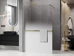 Mexen Kioto+ Zuhanyfal polccal Walk-in 140 x 200 cm, fehér ombre 8 mm, arany kefe - 800-140-121-55-86