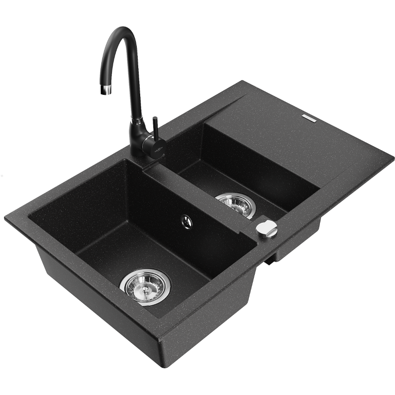 Mexen Gaspar chiuvetă de granit cu 1,5 compartimente cu scurgător și baterie de bucătărie Telma, negru/argintiu