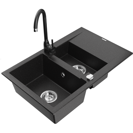 Mexen Gaspar chiuvetă de granit cu 1,5 compartimente cu scurgător și baterie de bucătărie Telma, negru/argintiu