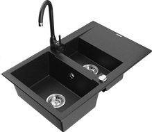 Mexen Gaspar chiuvetă de granit cu 1,5 compartimente cu scurgător și baterie de bucătărie Telma, negru/argintiu