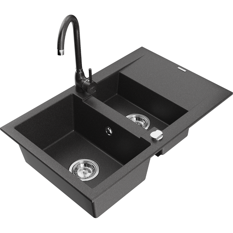 Mexen Gaspar chiuvetă de granit cu 1,5 compartimente, cu scurgător și baterie de bucătărie Telma, negru punctat