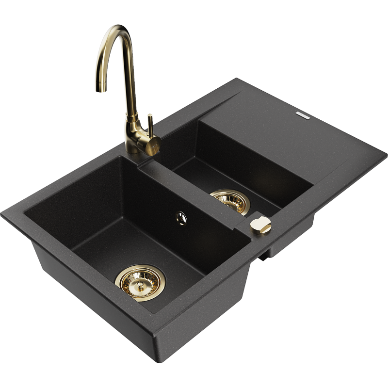 Chiuvetă de granit Mexen Gaspar cu 1,5 camere cu scurgător și baterie de bucătărie Telma, negru - 6507-77-670200-50
