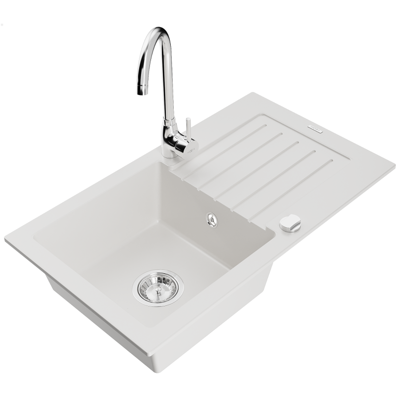 Mexen Pablo chiuvetă de granit cu 1 compartiment, cu scurgere și baterie de bucătărie Telma, albă - 6510-20-670200-00