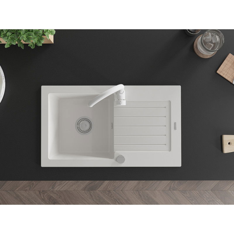Mexen Pablo gránit mosogató 1-medencés csepptálcával és Telma konyhai csapteleppel, fehér - 6510-20-670200-20