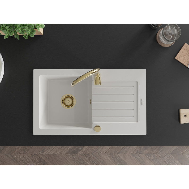 Mexen Pablo 1-kamrás gránit mosogató csepegtetővel és Telma konyhai csapteleppel, fehér - 6510-20-670200-50