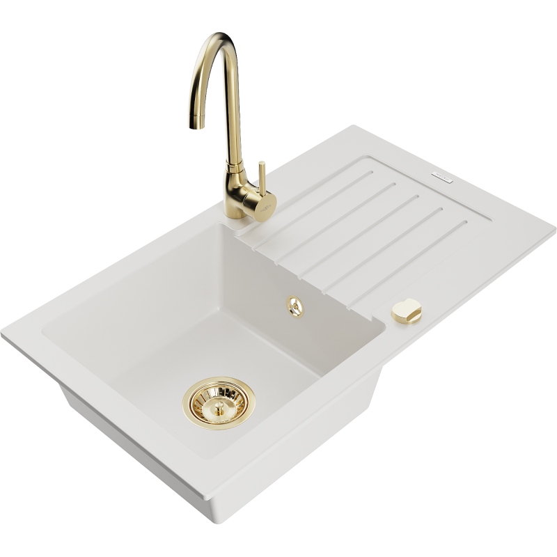 Mexen Pablo chiuvetă de granit cu 1 compartiment cu scurgător și baterie de bucătărie Telma, alb - 6510-20-670200-50