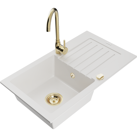 Mexen Pablo chiuvetă de granit cu 1 compartiment cu scurgător și baterie de bucătărie Telma, alb - 6510-20-670200-50