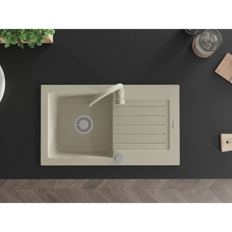 Mexen Pablo egykamrás gránit mosogató csepegtetővel és Telma konyhai csapteleppel, bézs - 6510-69-670200-69