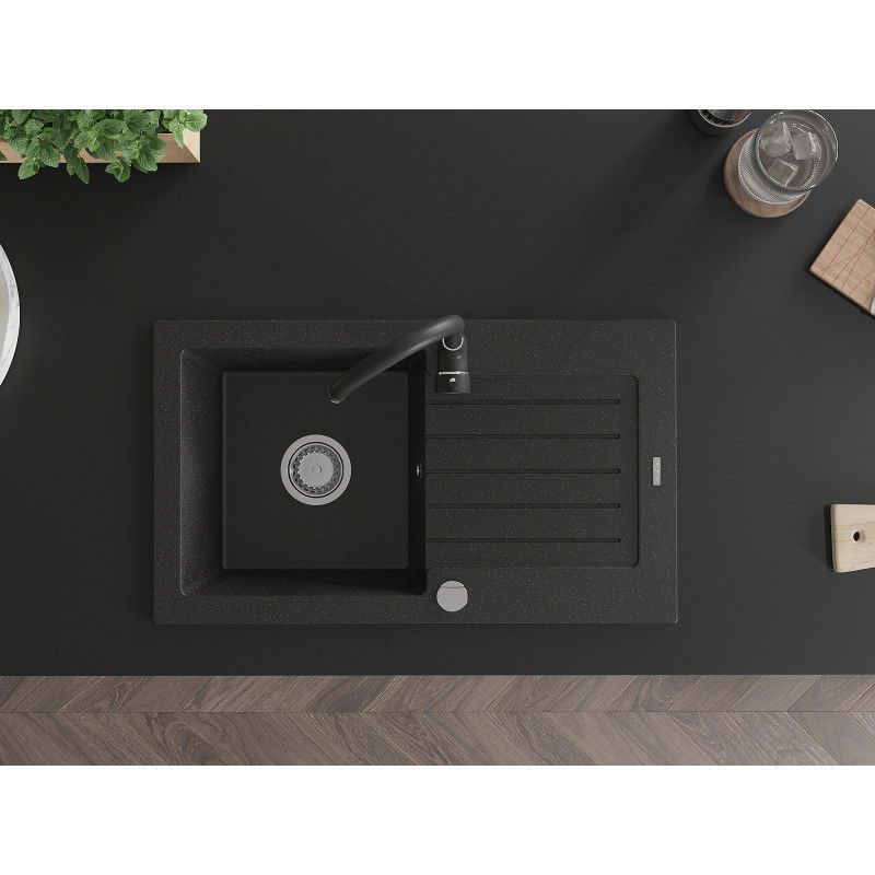 Mexen Pablo egykamrás gránit mosogató csepegtetővel és Telma konyhai csapteleppel, fekete/ezüst - 6510-73-670200-70