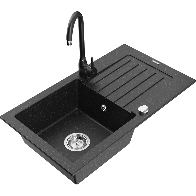 Mexen Pablo chiuvetă de granit cu 1 cuvă cu scurgător și baterie de bucătărie Telma, negru/argintiu - 6510-73-670200-70