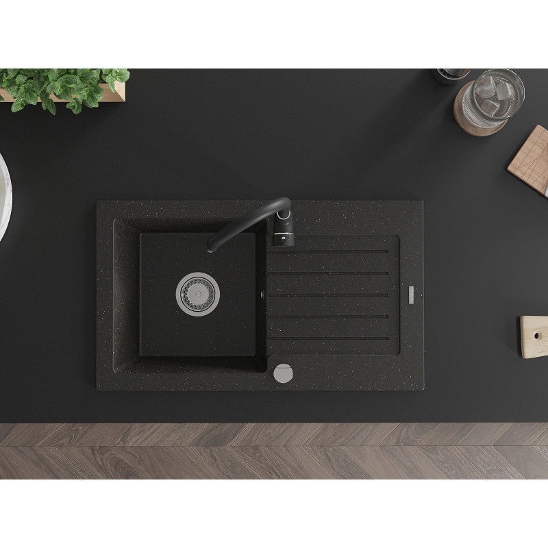 Mexen Pablo chiuvetă din granit cu 1 compartiment cu scurgător și baterie de bucătărie Telma, negru/auriu - 6510-75-670200-70