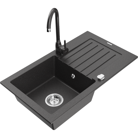 Mexen Pablo chiuvetă de granit cu o singură cuvă și scurgător, cu baterie Telma, neagră cu pete - 6510-76-670200-76
