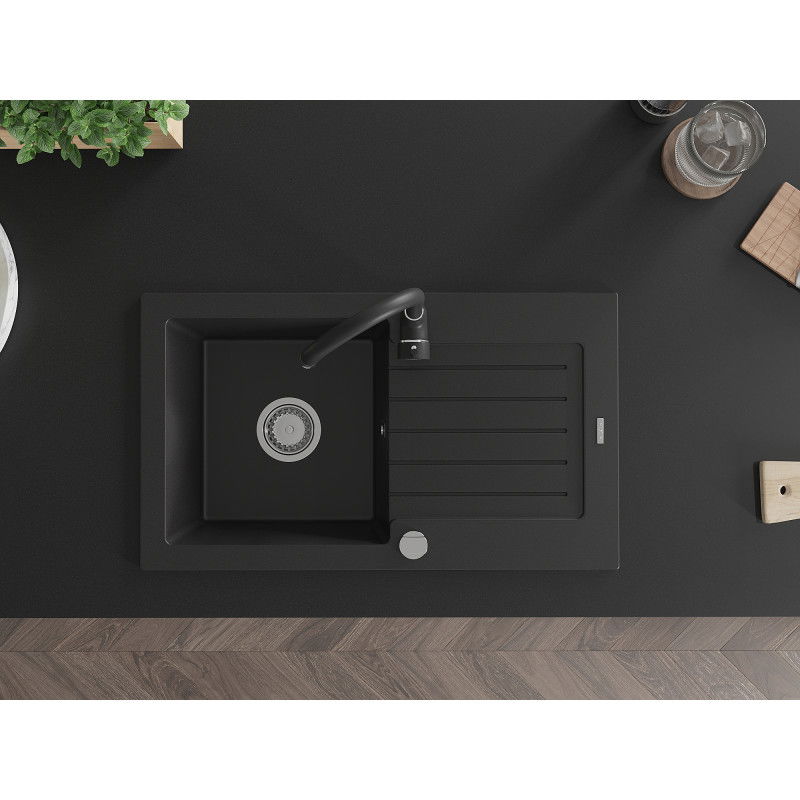 Mexen Pablo gránit mosogató 1 rekeszes csepptálcával és Telma konyhai csapteleppel, fekete - 6510-77-670200-70