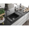 Mexen Elias chiuvetă de bucătărie din granit cu o cuvă și scurgător, cu baterie Telma, negru/argintiu - 6511-73-670200-70