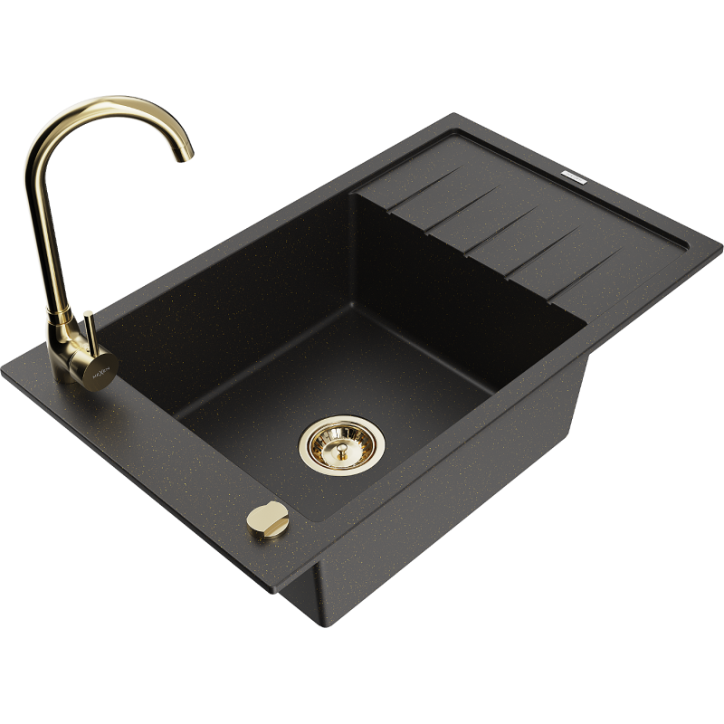 Mexen Elias chiuvetă de granit cu 1 compartiment, cu scurgător și baterie de bucătărie Telma, negru/auriu
