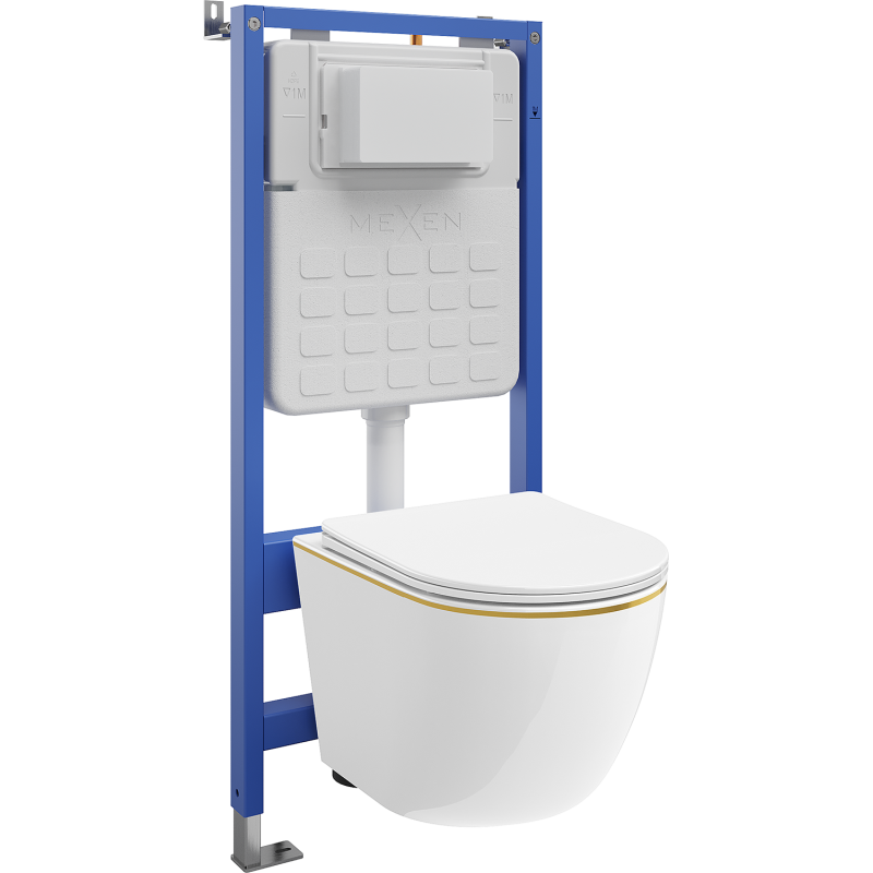 Mexen Lena rejtett WC szett Tex Slim kerettel, WC csészével és lassan záródó ülőkével, fehér/arany - 610030224005