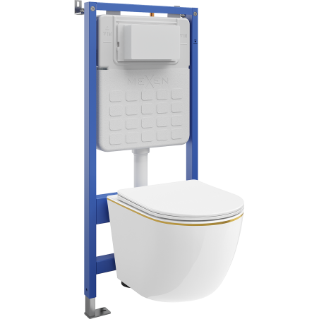 Mexen Lena WC beépíthető pneumatikus Tex Air Slim keret, WC csészével és lassan záródó ülőkével, fehér/arany