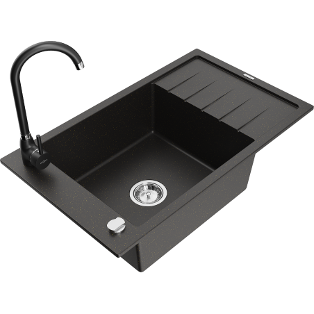 Mexen Elias chiuvetă granit 1-cu bac cu picurător și baterie de bucătărie Telma, negru/auriu - 6511-75-670200-70