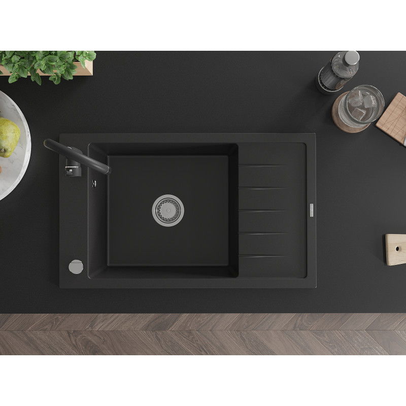Mexen Elias 1-medencés gránit mosogató lefolyóval és Telma konyhai csappal, fekete - 6511-77-670200-70