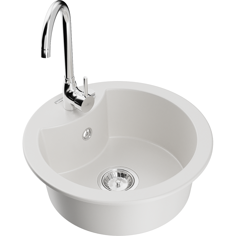 Chiuvetă de granit Mexen Diego cu 1 cuvă și baterie de bucătărie Telma, alb - 6512-20-670200-00