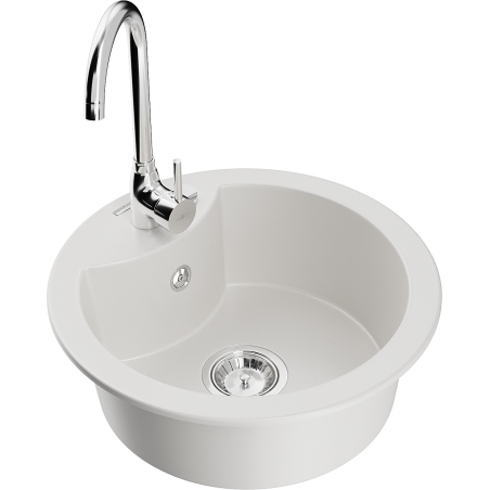Chiuvetă de granit Mexen Diego cu 1 cuvă și baterie de bucătărie Telma, alb - 6512-20-670200-00