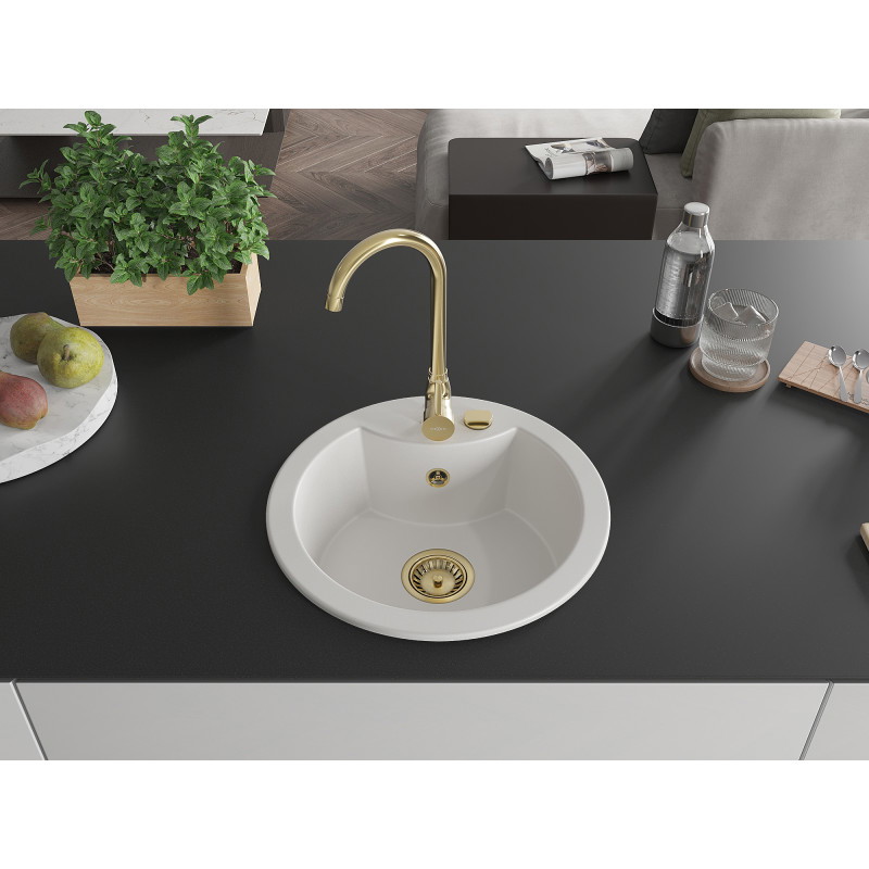 Mexen Diego gránit mosogató 1 rekeszes Telma konyhai csapteleppel, fehér - 6512-20-670200-50