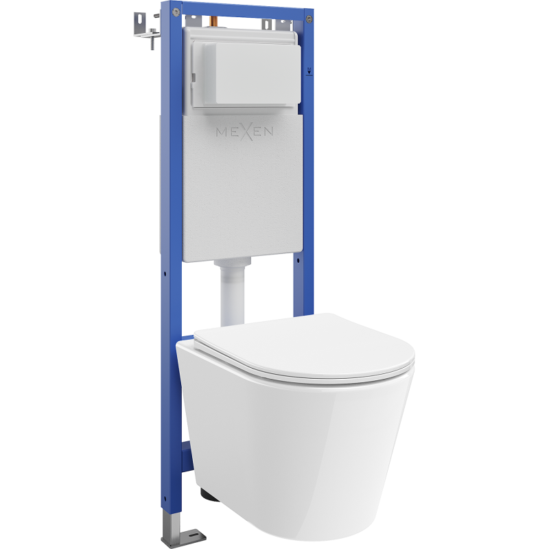 Mexen Rico falra szerelhető WC készlet, Tex W keskeny sarokkeret WC tornádó csészével és lassan záró tetővel, fehér
