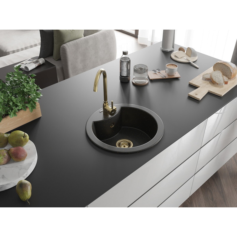 Mexen Diego chiuvetă granitică cu o singură cuvă cu baterie de bucătărie Telma, negru/auriu - 6512-75-670200-50