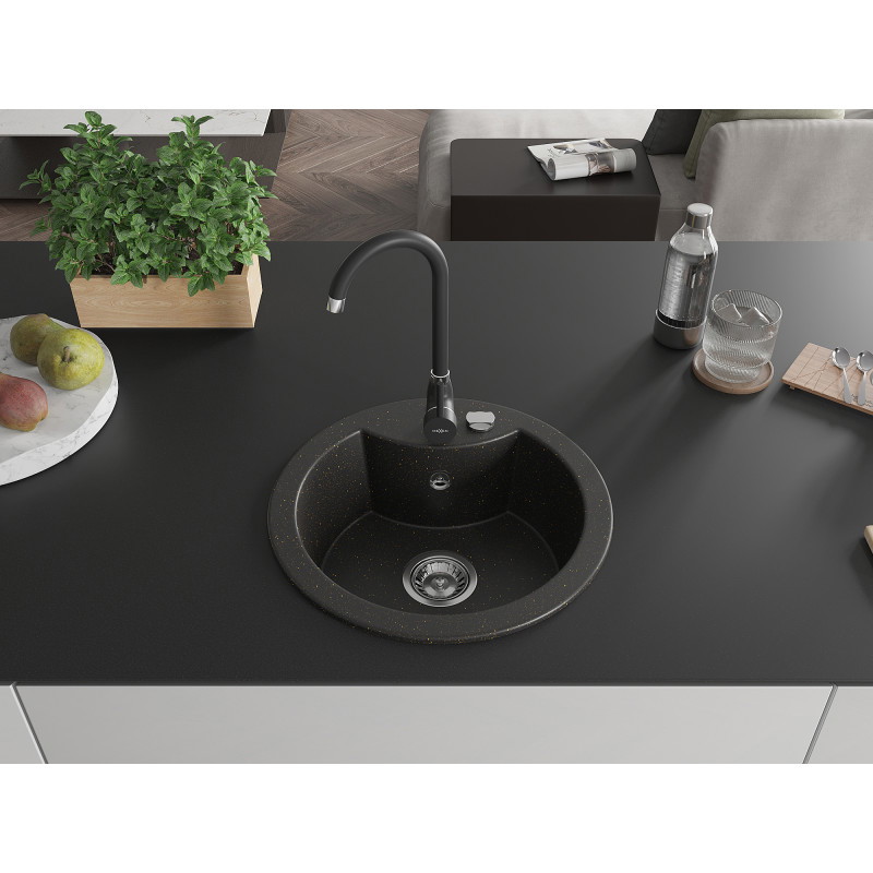 Mexen Diego chiuvetă de granit cu 1 compartiment cu baterie de bucătărie Telma, negru/auriu - 6512-75-670200-70