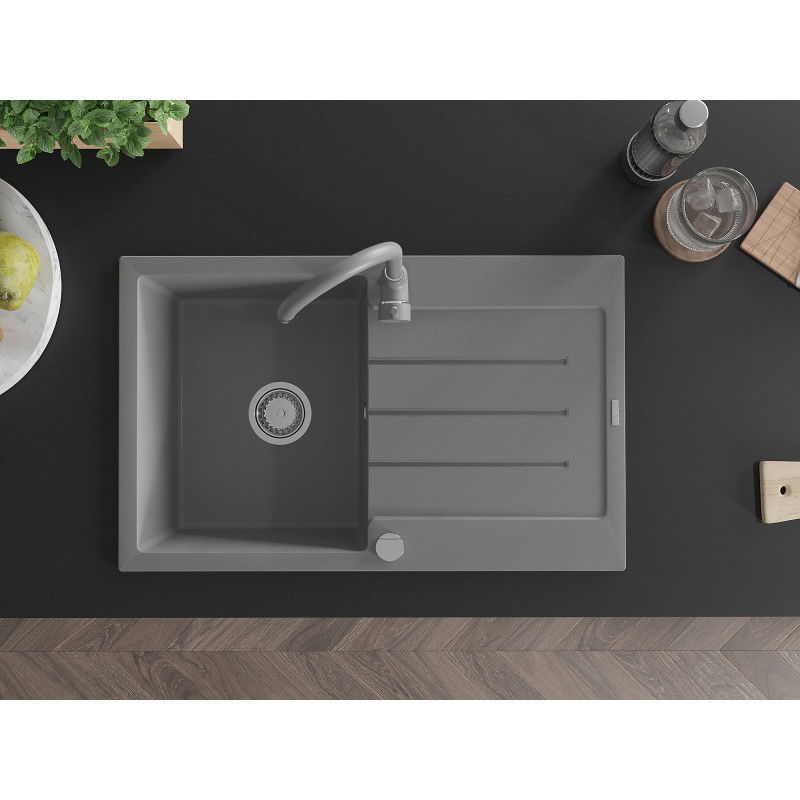 Mexen Bruno chiuvetă de bucătărie din granit cu 1 cuvă cu suport și baterie de bucătărie Telma, gri - 6513-71-670200-71