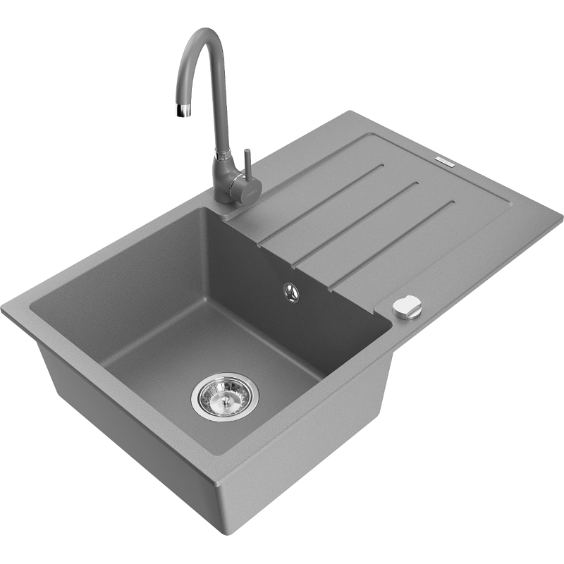 Mexen Bruno chiuvetă de bucătărie din granit cu 1 cuvă cu suport și baterie de bucătărie Telma, gri - 6513-71-670200-71