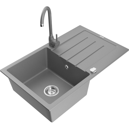 Mexen Bruno chiuvetă de bucătărie din granit cu 1 cuvă cu suport și baterie de bucătărie Telma, gri - 6513-71-670200-71