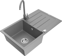 Mexen Bruno chiuvetă de bucătărie din granit cu 1 cuvă cu suport și baterie de bucătărie Telma, gri - 6513-71-670200-71