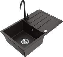 Mexen Bruno egymedencés gránit mosogató csepptálcával és Telma konyhai csapteleppel, fekete/arany - 6513-75-670200-70