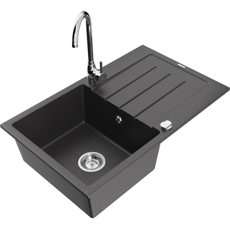 Chiuvetă granit Mexen Bruno 1-cameră cu scurgător și baterie de bucătărie Telma, negru înspicat - 6513-76-670200-00
