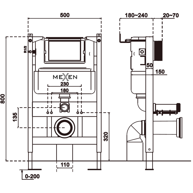 Mexen Rico fali WC beépített készlet Tex Air XS-F pneumatikus tartószerkezettel, WC csészével és lassan záródó