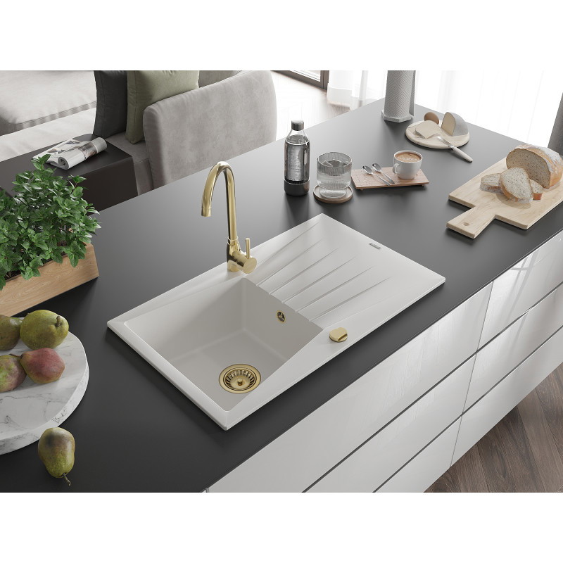 Mexen Cesar chiuvetă de granit cu 1 compartiment, cu scurgător și baterie de bucătărie Telma, albă - 6514-20-670200-50