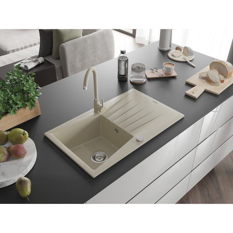 Mexen Cesar chiuvetă de granit cu 1 compartiment, cu scurgător și baterie de bucătărie Telma, bej - 6514-69-670200-69