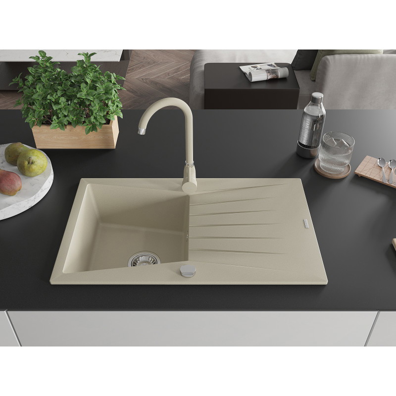 Mexen Cesar chiuvetă de granit cu 1 compartiment, cu scurgător și baterie de bucătărie Telma, bej - 6514-69-670200-69