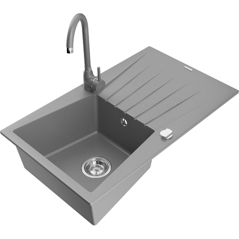 Mexen Cesar chiuvetă granitică cu 1 compartiment cu scurgător și baterie bucătărie Telma, gri - 6514-71-670200-71
