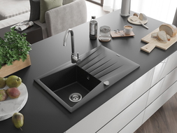 Mexen Cesar 1 rekeszes gránit mosogató csepegtetővel és Telma konyhai csapteleppel, fekete/ezüst - 6514-73-670200-00